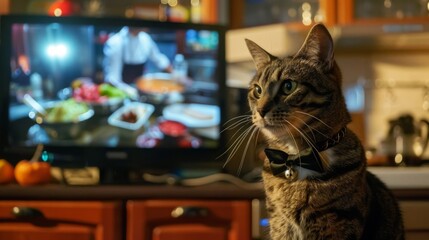A cat wearing a tiny bow tie, sitting primly in front of a TV displaying a cooking show
