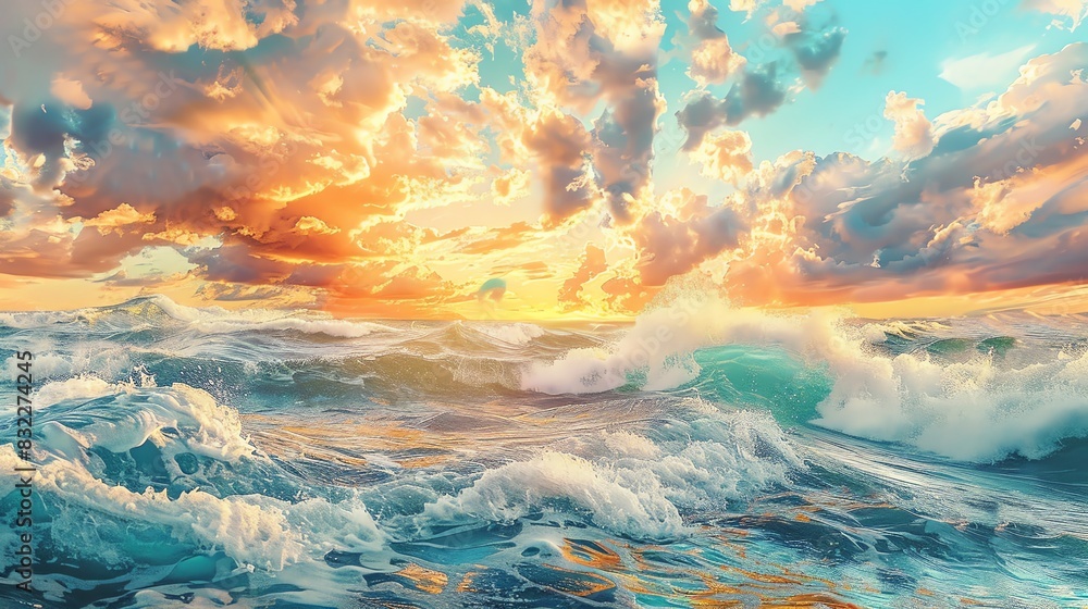 Wall mural mesmerizing seascape with swirling waves and a vibrant, cloudy sky, in the style of sargent, artisti