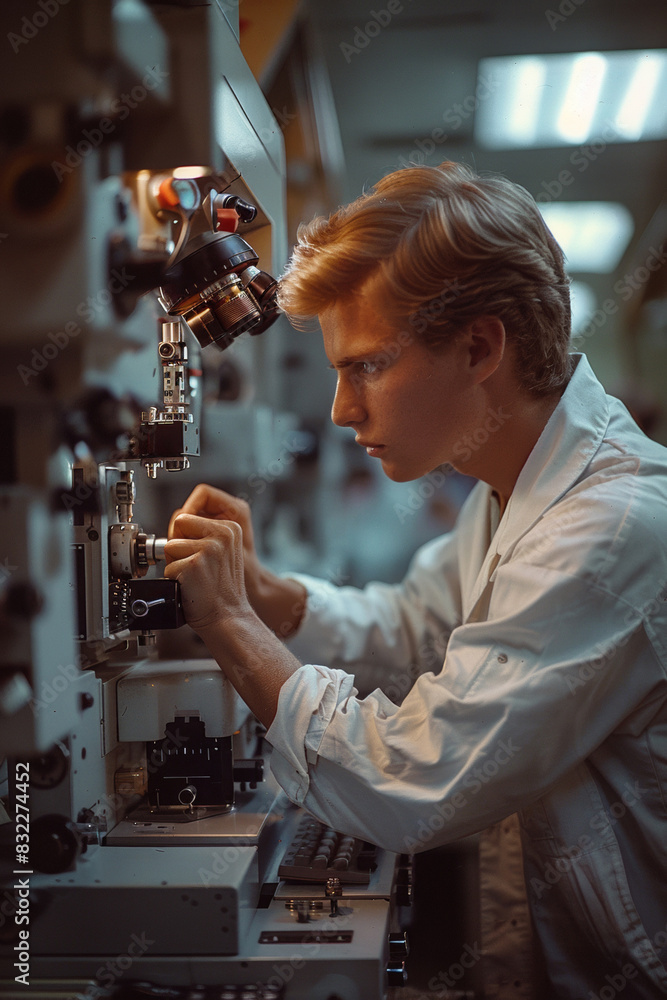 Poster a professional scientist works in a laboratory, examining samples under a microscope.