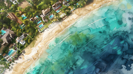 Illustrate a panoramic aerial shot of coastal properties with stunning blue waters and golden sandy beaches