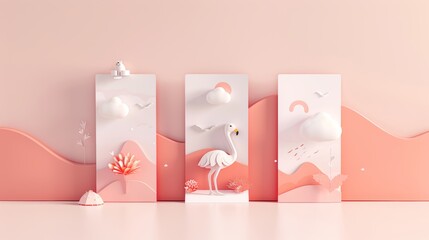 Vertical banners set with paper cut. paper art. Illustrations
