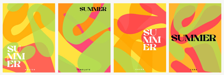 Creative concept of summer bright and juicy cards set. Modern abstract art design with liquid shapes with overlay effect. Templates for celebration, ads, branding, banner, cover, label, poster, sales