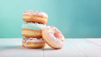 Pile of delicious donuts with sweet topping. Donut day bakery celebration. Pastel colours. 