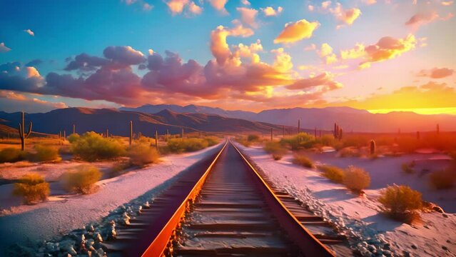 Train track with a beautiful sunset in the background.