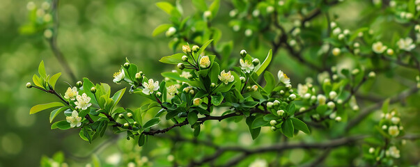 Obraz premium fresh green leaves and blossoms on tree branches in spring