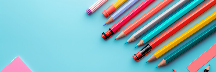 An assortment of brightly colored pencils are lined up against a contrasting blue background