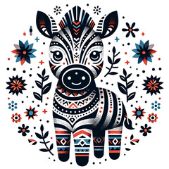 Illustration of a zebra with intricate patterns ,bold lines , animal art.
