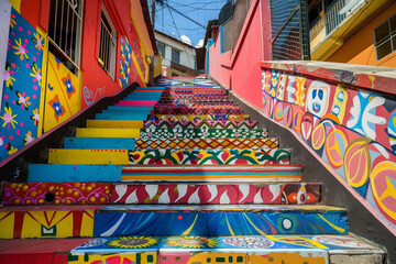Fototapeta premium Favela staircase painted in bright colors and patterns, reflecting local artistic flair.