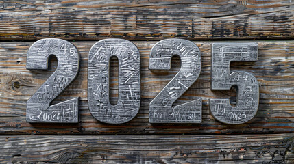 Silver voluminous inscription of  number 2025. New Year celebrate. Wooden background
