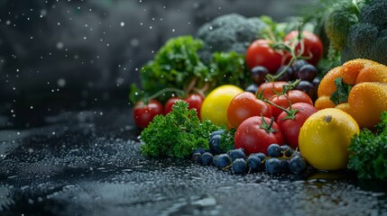 Vibrant fruits and vegetables artistically placed on black stone backdrop