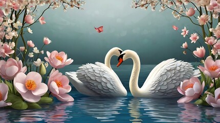 swans in a lake surrounded by pink flowers.