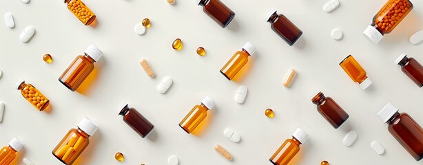 Medicine and health concept, various pills and bottles on white background with copy space top view. Space for text or banner.