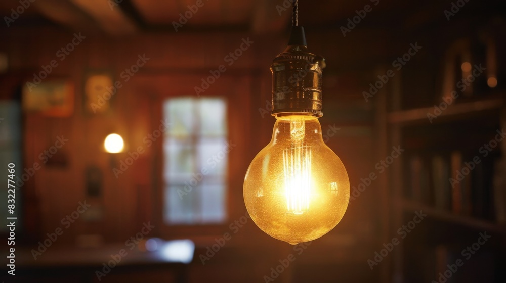 Poster a close-up of a glowing incandescent light bulb hanging from a ceiling in a dimly lit room, creating
