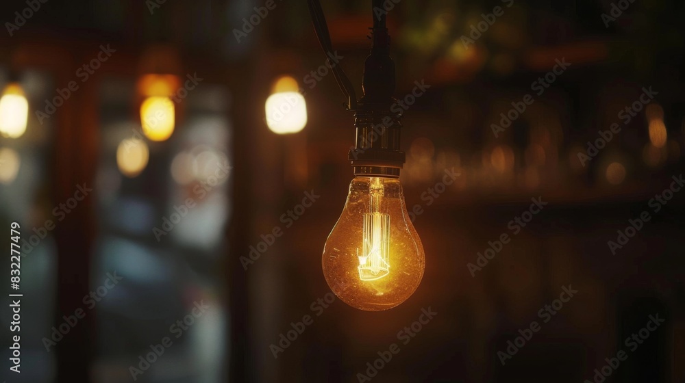 Aufkleber a close-up of a glowing incandescent light bulb hanging from a ceiling in a dimly lit room, creating