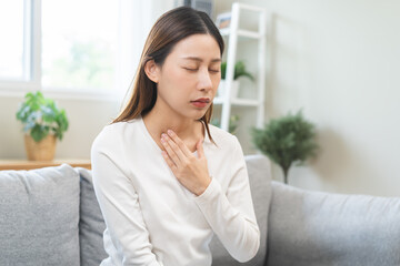 Acid reflux disease, suffer asian young woman have symptom gastroesophageal, esophageal, stomach...