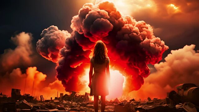 Woman's silhouette against the backdrop of the fiery blast. Concept of danger and destruction
