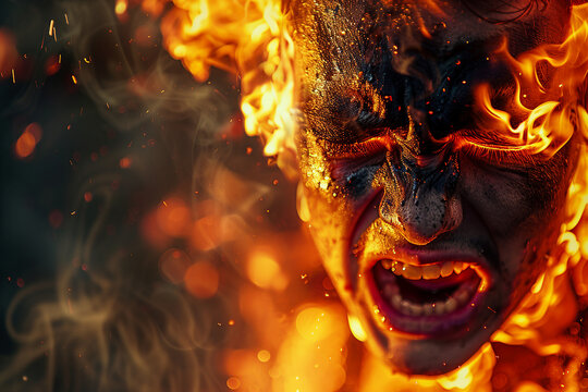 Generated with AI portrait of woman burning in hell flame background