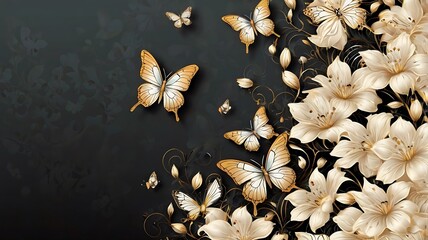 Fototapeta premium sepia toned background with white and cream colored flowers and butterflies