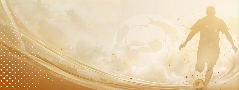 Golden background for advertising banner. A soccer player kicking a ball in dynamic action pose. Sports and athleticism concept. For sports marketing, posters, social media graphics, website banners.