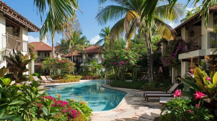 Hotel is set among lush tropical gardens and features a swimming pool and sun loungers. Paths lined with colorful flowers and tall palm trees lead to bungalow-style rooms with private verandas.