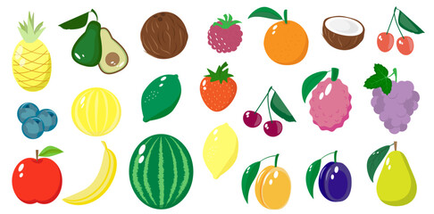 Set of various fruits and berries. Collection of organic vitamins and healthy food stickers.