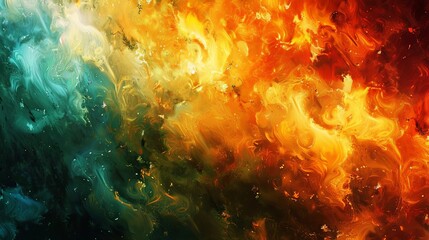 A colorful, abstract painting with a blue, green, and yellow swirl