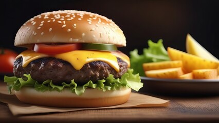 Cheeseburger with lettuce, tomato, and cheddar, served with fries on a wooden board. The burger features a juicy beef patty, sesame seed bun