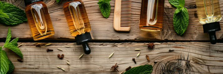 Herbal Hair Treatment Oils in Glass Dropper Bottles with Mint Leaves on Wooden Background