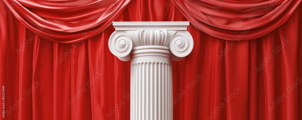 Poster elegant white column with red drapery backdrop showcasing classical architecture design