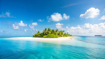Sand spit of a tropical island stretching into the distance. Beautiful sunny summer landscape with white sand beach.