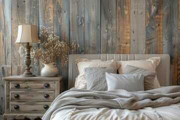 Elegant French country bedroom with wood paneling wall, accent bedside cabinet, and cozy bed. Modern interior design
