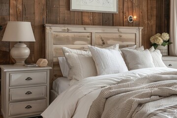 French country bedroom with accent bedside cabinet near bed and wood paneling wall, showcasing elegant and cozy interior design