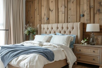 Stylish French country interior design in bedroom with wood paneling wall, bed, and accent bedside cabinet. Cozy and elegant decor