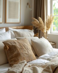 Bedroom with boho style interior design, featuring bed with beige striped pillows for a cozy and eclectic modern ambiance