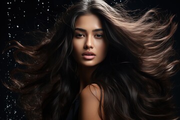 Beautiful young brunette woman with long healthy hair. Perfect makeup.