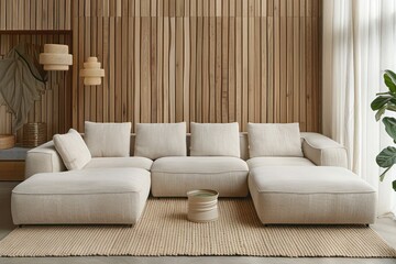 Living room with beige corner sofa and wooden paneling wall. Minimalist interior design for a sleek and modern look