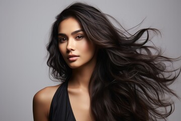 Beautiful young brunette woman with long hair. Studio shot. Hairdressing services, hair styling