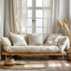 Contemporary Boho Living Space: Beige Fabric Sofa Against Window in Modern Interior Design for Comfortable and Inviting Feel