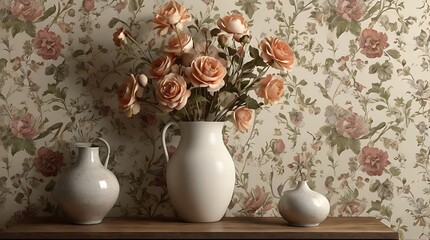 shows a living room with a floral wallpaper, a brown leather chair,