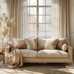 Chic Bohemian Living Room: Beige Fabric Sofa Placed by Window in Modern Home Interior Design for Relaxed and Stylish D?(C)cor