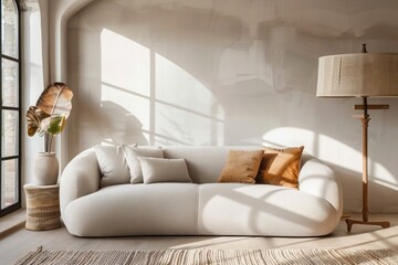 Minimalist living room design featuring beige sofa against grid window. Stucco wall and boho elements in a modern home interior