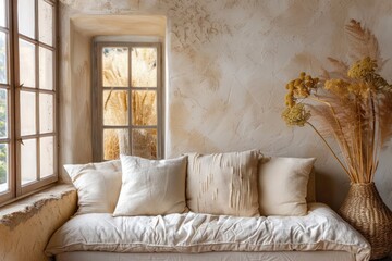 Beige sofa near grid window and stucco wall in a modern living room. Boho minimalist interior design for a cozy home