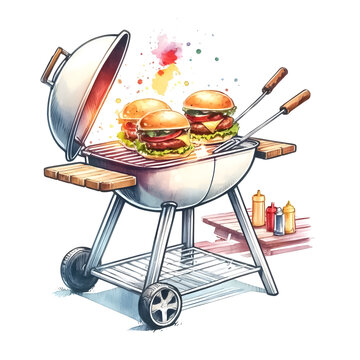 recommend clip art: An illustration for summer, rendered in watercolor style, Picnic grill clipart with burgers cooking.