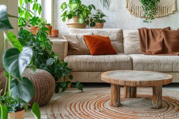 Modern Scandinavian Living Room: Beige Velvet Sofa, Terra Cotta Cushions, Wooden Round Coffee Table, Ottoman, Knitted Rug, Houseplants for Cozy Atmosphere