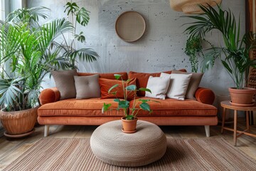 Chic Scandinavian Interior Design: Beige Velvet Sofa, Terra Cotta Cushions, Wooden Round Coffee Table, Ottoman, Knitted Rug in Living Space