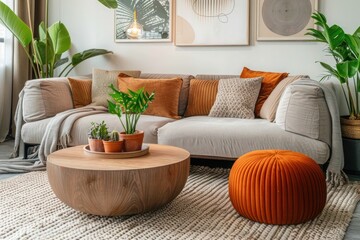 Contemporary Scandinavian Living Room: Beige Velvet Sofa, Terra Cotta Cushions, Wooden Round Coffee Table, Ottoman, Knitted Rug, Houseplant Decor