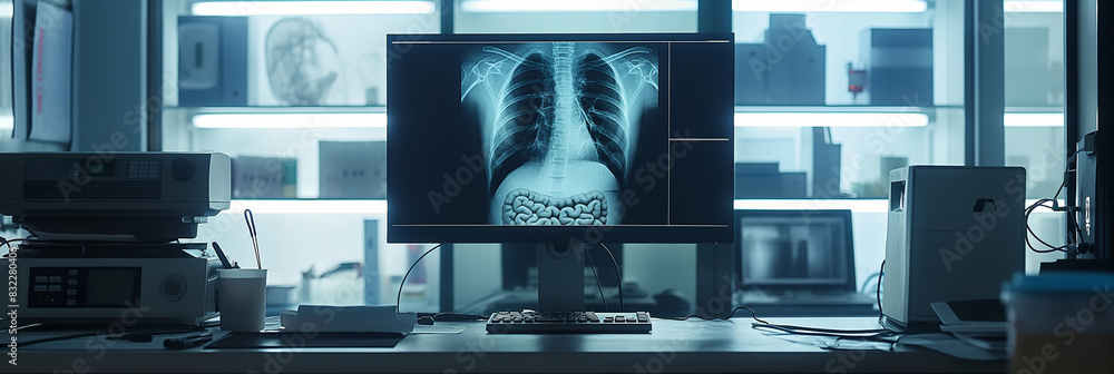 Poster panoramic view of a radiology lab with an x-ray of the gastrointestinal tract on the monitor with la