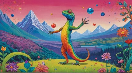 Obraz premium Colorful Lizard Juggling in a Dreamy Landscape