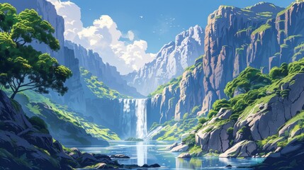 A serene valley with a gently flowing river, surrounded by dramatic, rugged cliffs. The minimalist illustration style highlights the exploration journey through breathtaking vistas and the simplicity