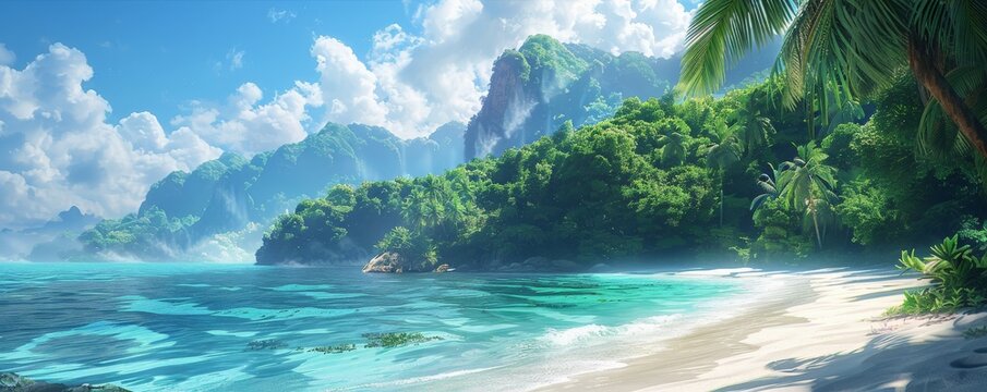 A remote island with pristine beaches and lush, tropical forests, depicted in a minimalist, digital style. The dramatic scenery and untamed beauty of the island landscape evoke a sense of epic